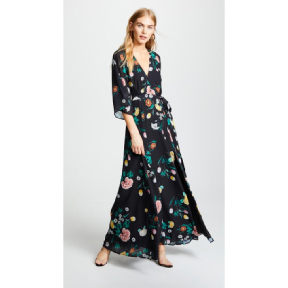 Yumi Kim Desire Maxi Spell Bound Womens Sz XS Black Floral Front Slit V Neck
